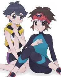 Rule 34 | 2boys, :o, antenna hair, bike shorts, black hair, blush, bodysuit, brown eyes, brown hair, closed mouth, collarbone, commentary request, covered collarbone, creatures (company), diving suit, elio (pokemon), game freak, hand up, highres, looking at viewer, male focus, multiple boys, nate (pokemon), navel, nintendo, open clothes, open mouth, open vest, pokemon, pokemon bw2, pokemon sm, red footwear, red headwear, sana (37pisana), shoes, short hair, sitting, smile, vest, visor cap, wetsuit, yaoi, yellow vest