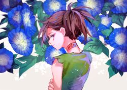 Rule 34 | 1girl, androgynous, bandages, bare shoulders, blue flower, brown hair, closed mouth, dororo (character), dororo (tezuka), floral background, flower, from behind, frown, japanese clothes, leaf, looking at viewer, morning glory, ponytail, purple eyes, sakuramochi1003, sleeveless, solo, torn clothes, upper body