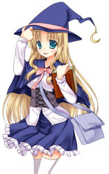 Rule 34 | 1girl, :3, ameya kirika, bag, blonde hair, blue eyes, book, cape, character request, hand on headwear, hat, holding, long hair, looking at viewer, official art, parted lips, pleated skirt, quiz of walkure, shoulder bag, skirt, solo, thighhighs, very long hair, white thighhighs, witch hat, zettai ryouiki