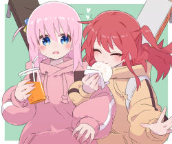 Rule 34 | 2girls, baozi, blue eyes, blush, bocchi the rock!, closed eyes, cup, disposable cup, drawstring, drinking straw, eating, food, gotoh hitori, green background, guitar case, hair ornament, heart, holding, holding cup, holding food, hood, hood down, hoodie, instrument case, kita ikuyo, locked arms, long hair, long sleeves, looking at viewer, multiple girls, one side up, open mouth, outside border, picogames off, pink hair, pink hoodie, red hair, single vertical stripe, upper body