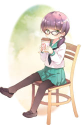 Rule 34 | 1girl, black-framed eyewear, black pantyhose, blush, chair, coffee cup, cup, disposable cup, glasses, green eyes, hair ornament, hairclip, kito (sorahate), loafers, long sleeves, looking at viewer, low twintails, original, pantyhose, purple hair, school uniform, serafuku, shoe dangle, shoes, sitting, skirt, solo, twintails