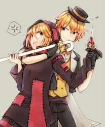 Rule 34 | 1boy, 1girl, anger vein, arm around neck, black dress, black headwear, black jacket, black pants, brother and sister, cane, commentary, cowboy shot, dress, eighth note, formal, grey background, haine koko, holding, holding another&#039;s arm, holding cane, holding scissors, hooded dress, jacket, kagamine len, kagamine rin, looking at another, musical note, open mouth, pants, patchwork clothes, project diva (series), restrained, scissors, scissors (module), siblings, smile, spoken anger vein, standing, suit, sweatdrop, trembling, tricker (module), twins, v-shaped eyebrows, vest, vocaloid, yellow vest