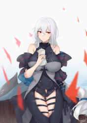 Rule 34 | 1girl, absurdres, arknights, bare shoulders, black gloves, black pants, blush, bracelet, breasts, closed mouth, clothing cutout, commentary request, cowboy shot, fish, gloves, gluteal fold, hair between eyes, highres, holding, infection monitor (arknights), jewelry, kerxeno, large breasts, long hair, low-tied long hair, low ponytail, open fly, open pants, pants, simple background, single glove, skadi (arknights), skadi (elite ii) (arknights), solo, thigh cutout, underbust, very long hair, water, white background