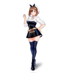 Rule 34 | 1girl, alternate costume, atelier (series), atelier ryza, atelier ryza 1, black thighhighs, boots, brown eyes, brown hair, closed mouth, fire emblem, fire emblem: three houses, floof n wool, garreg mach monastery uniform, hand on own hip, hand up, hat, highres, looking at viewer, nintendo, pale skin, reisalin stout, short hair, simple background, thick thighs, thighhighs, thighs, walking, white background