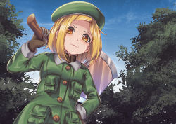 Rule 34 | 1girl, axe, beret, blonde hair, blue sky, brown gloves, coat, collared jacket, commission, day, fate/grand order, fate (series), from below, gloves, green coat, green hat, hat, holding, holding axe, jacket, over shoulder, paul bunyan (fate), persocon93, short hair, sky, solo, tree, upper body, weapon, weapon over shoulder, yellow eyes