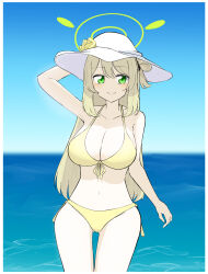 Rule 34 | 1girl, bare shoulders, blue archive, breasts, green eyes, green hair, halo, hand on headwear, hat, highres, katsuhiko (bone hiko), large breasts, large hat, looking at viewer, nonomi (blue archive), nonomi (swimsuit) (blue archive), ocean, thighs, white hat