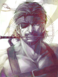 Rule 34 | 1boy, bandana, beard, big boss, eyepatch, facial hair, knife, male focus, manly, metal gear (series), metal gear solid, metal gear solid: peace walker, mouth hold, mustache, muted color, skeleton, snake, solo, sutocking