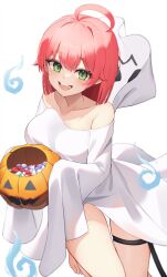 Rule 34 | 1girl, bare shoulders, green eyes, halloween, highres, hololive, looking at viewer, medium hair, open mouth, pink hair, sakura miko, smile, solo, thomas 8000, virtual youtuber