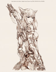 Rule 34 | 10s, 1girl, absurdres, ale (ale halexxx), animal ears, armor, cat ears, cat tail, dragoon (final fantasy), facial mark, final fantasy, final fantasy xiv, from behind, highres, long hair, looking at viewer, miqo&#039;te, monochrome, sketch, slit pupils, solo, square enix, tail, traditional media