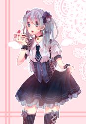 Rule 34 | 1girl, aqua eyes, bad id, bad pixiv id, blue hair, cake, choker, food, hatsune miku, hiiragi hiiro, long hair, open mouth, skirt, skirt hold, solo, striped clothes, striped thighhighs, suspenders, thighhighs, twintails, vertical-striped clothes, vertical-striped thighhighs, vocaloid