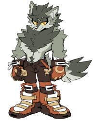 Rule 34 | 1boy, animal ears, bad id, bad twitter id, body fur, boots, brown pants, clenched hands, colored sclera, commentary, earrings, english commentary, full body, furry, furry male, gloves, grey fur, grey hair, half-closed eyes, highres, jewelry, kaijumilk (milkchaotea), looking at viewer, male focus, orange eyes, orange footwear, original, pants, ryder (milkchaotea), simple background, single earring, smile, solo, standing, tail, topless male, white background, wolf boy, wolf ears, wolf tail, yellow sclera