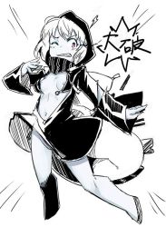 Rule 34 | 10s, 1girl, abyssal ship, backpack, bag, bikini, bikini top only, blue skin, breasts, colored skin, greyscale, hood, hoodie, jingai modoki, kantai collection, long sleeves, monochrome, navel, nipples, no panties, o-ring, o-ring top, one eye closed, purple eyes, re-class battleship, short hair, simple background, small breasts, solo, swimsuit, tail, torn clothes, wardrobe malfunction, white background, white hair