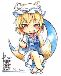 Rule 34 | 1girl, blonde hair, blue tabard, chibi, fox tail, full body, hat, kibayashi kimori, long sleeves, looking at viewer, medium hair, mob cap, multiple tails, one-hour drawing challenge, open mouth, orange eyes, simple background, solo, tabard, tail, touhou, white background, white hat, wide sleeves, yakumo ran
