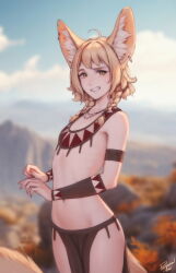 Rule 34 | 1girl, ahoge, animal ears, arm strap, blurry, blurry background, braid, brown eyes, brown hair, earrings, flat chest, fox ears, fox tail, highres, jewelry, khiara (personal ami), loincloth, long tail, necklace, original, outdoors, personal ami, solo, tail, twin braids, wince