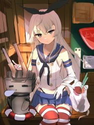 Rule 34 | 1girl, black hairband, black neckerchief, black panties, blonde hair, blue sailor collar, blue skirt, bus stop, commentary request, cowboy shot, crop top, elbow gloves, gloves, grey eyes, groceries, hairband, highleg, highleg panties, highres, kantai collection, long hair, looking at viewer, microskirt, miniskirt, neckerchief, o-sirius, panties, pleated skirt, rensouhou-chan, sailor collar, shimakaze (kancolle), sitting, skirt, striped clothes, striped thighhighs, thighhighs, underwear, unfinished, white gloves