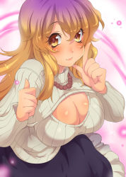Rule 34 | 1girl, alternate costume, blonde hair, blush, breasts, brown eyes, cleavage, cleavage cutout, clothing cutout, gradient hair, hijiri byakuren, jewelry, large breasts, long hair, long sleeves, looking at viewer, meme attire, multicolored hair, necklace, open-chest sweater, purple hair, ribbed sweater, shiny skin, skirt, solo, suikamaru, sweater, touhou, turtleneck, white sweater, yellow eyes, yellow theme