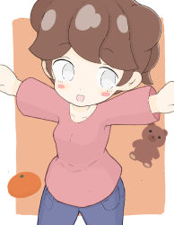 Rule 34 | 1girl, :d, absurdres, blue pants, blush stickers, breasts, brown background, brown hair, commentary request, copyright request, cowboy shot, food, fruit, grey eyes, highres, mandarin orange, open mouth, outstretched arms, pants, pink shirt, rururu (pyrk8855), shirt, small breasts, smile, solo, spread arms, stuffed animal, stuffed toy, teddy bear, two-tone background, white background