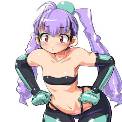 Rule 34 | 10s, 1girl, :&lt;, bad id, bad pixiv id, blush, busou shinki, dd (ijigendd), elbow gloves, flat chest, gloves, hip focus, leaning forward, long hair, purple hair, raised eyebrows, red eyes, simple background, solo, strapless, thigh gap, thighs, tube top, twintails, wide hips, yda