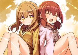 Rule 34 | 10s, 2girls, ^ ^, back-to-back, brown eyes, brown hair, center frills, closed eyes, commentary request, frills, kunikida hanamaru, kurosawa ruby, long sleeves, love live!, love live! sunshine!!, multiple girls, open mouth, pleated skirt, red hair, shipii (jigglypuff), sitting, skirt, smile, twintails