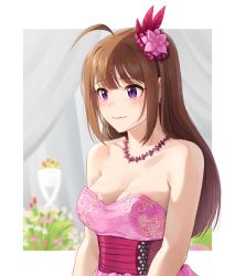 Rule 34 | 1girl, ahoge, alternate hairstyle, bare shoulders, blurry, blurry background, breasts, brown hair, closed mouth, commentary, dress, earrings, flower, formal, hair down, hair flower, hair ornament, idolmaster, idolmaster million live!, jewelry, kamille (vcx68), light blush, long hair, looking to the side, medium breasts, necklace, outside border, pink dress, pink flower, print dress, purple eyes, smile, solo, strapless, strapless dress, upper body, yokoyama nao