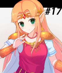 Rule 34 | 1girl, aqua eyes, armor, bead necklace, beads, blonde hair, bracer, bright pupils, circlet, closed mouth, earrings, eyes visible through hair, gem, hair intakes, jewelry, letterboxed, long hair, necklace, nintendo, pointy ears, princess, princess zelda, short sleeves, shoulder armor, smile, solo, split mouth, super smash bros., suta (clusta), the legend of zelda, the legend of zelda: a link between worlds, triforce, very long hair, white pupils
