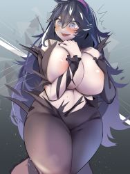 Rule 34 | 1girl, @ @, absurdres, alternate breast size, areola slip, black dress, black hair, blush, breasts, cleavage, covering breasts, covering privates, creatures (company), curvy, dress, exhibitionism, game freak, hairband, hex maniac (pokemon), highres, huge breasts, lisp coc, long dress, long hair, messy hair, nintendo, open mouth, plump, pokemon, pokemon xy, public indecency, purple eyes, purple hairband, solo, tears, thick thighs, thighs, torn clothes, wide hips