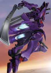 Rule 34 | ayato mabu, flying, from side, glowing, glowing eye, highres, holding, holding sword, holding weapon, mecha, muv-luv, muv-luv alternative, no humans, red eyes, robot, science fiction, sunrise, sword, tactical surface fighter, thrusters, type 00 takemikazuchi, weapon