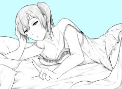Rule 34 | 10s, 1girl, aqua theme, bad id, bad pixiv id, bed, blue theme, jewelry, kaga (kancolle), kantai collection, lying, monochrome, nightgown, ring, short hair, side ponytail, solo, wangphing, wedding band