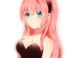 Rule 34 | 1girl, achiki, aqua eyes, bad id, bad pixiv id, bare arms, bare shoulders, black dress, blue eyes, breasts, cleavage, dress, female focus, hairband, long hair, looking at viewer, megurine luka, neck, pink hair, portrait, puntiki, simple background, solo, strapless, strapless dress, upper body, vocaloid, white background