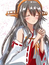 Rule 34 | 1girl, black hair, commentary request, detached sleeves, closed eyes, hairband, haruna (kancolle), headgear, highres, japanese clothes, kantai collection, long hair, own hands clasped, own hands together, ribbon-trimmed sleeves, ribbon trim, roko roko (doradorazz), smile, solo, upper body