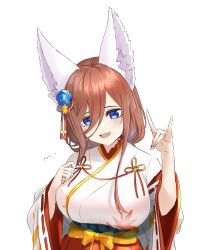 Rule 34 | 1girl, :d, animal ears, blue eyes, blush, breasts, brown hair, fox ears, fox girl, fox shadow puppet, go-toubun no hanayome, hair between eyes, highres, japanese clothes, kimono, large breasts, leaf print, long hair, looking at viewer, maple leaf print, mitsugu, nakano miku, open mouth, smile, solo, white background