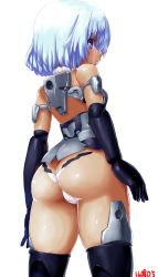 Rule 34 | 10s, 1girl, ass, bad id, bad pixiv id, black thighhighs, blue hair, butt crack, cowboy shot, dd (ijigendd), doll joints, elbow gloves, frame arms girl, from behind, gloves, joints, materia (frame arms girl), materia kuro, mecha musume, numbered, panties, purple eyes, shiny skin, short hair, simple background, skindentation, solo, thighhighs, underwear, white background, white panties