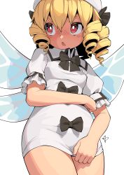 Rule 34 | 1girl, blonde hair, blush, bow, breasts, cowboy shot, dress, drill hair, fairy, fairy wings, hair between eyes, hat, highres, huxiao (mistlakefront), looking ahead, looking to the side, luna child, open mouth, red eyes, short hair, short sleeves, simple background, small breasts, solo, thighs, touhou, triangle mouth, twin drills, white background, white dress, white hat, wings
