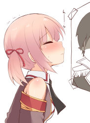 Rule 34 | 1girl, bare shoulders, black neckwear, blush, brown shirt, brown sleeves, character request, christine ketoura, closed mouth, detached sleeves, epaulettes, closed eyes, hair ribbon, heart, highres, iris mysteria!, nose blush, photo (object), pink hair, profile, red ribbon, ribbon, shirt, sleeveless, sleeveless shirt, solo, sweat, trembling, twintails, white background, yuu (yumezakura)