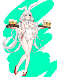 Rule 34 | 1girl, aged up, alcohol, alternate costume, animal ears, anklet, beer, blush, breasts, cleavage, commentary request, covered navel, cup, facial mark, fake animal ears, gem, gloves, green background, highres, holding, holding cup, jewelry, large breasts, leotard, long hair, looking at viewer, navel, nia (blade) (xenoblade), nia (xenoblade), orange eyes, playboy bunny, rabbit ears, silver hair, simple background, solo, tattoo, thighhighs, thighs, twintails, very long hair, water, weapon, white-paka, white background, xenoblade chronicles (series), xenoblade chronicles 2