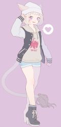 Rule 34 | 10s, 1girl, animal ears, ankle boots, beanie, blush, boots, casual, cat ears, contemporary, ears through headwear, facial mark, fang, final fantasy, final fantasy xiv, flat color, hand up, hat, heart, high heel boots, high heels, hood, hoodie, jacket, lion tail, looking at viewer, miqo&#039;te, muted color, open mouth, pale skin, purple background, purple eyes, purple hair, short hair, short shorts, shorts, simple background, smile, solo, tail, wagashi (goma dango), warrior of light (ff14)