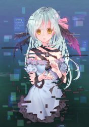 Rule 34 | 1girl, asymmetrical wings, black wings, blush, breasts, brown eyes, collarbone, commentary request, detached sleeves, dress, feathered wings, frilled dress, frills, glitch, green hair, hair between eyes, hands up, head wings, highres, long hair, looking at viewer, mintchoco (orange shabette), original, parted lips, puffy short sleeves, puffy sleeves, purple wings, short sleeves, small breasts, solo, tears, white dress, white sleeves, wings