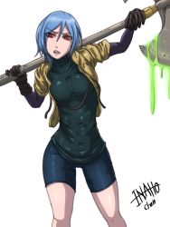 Rule 34 | 1girl, axe, bad id, bad pixiv id, bhm, bike shorts, blue hair, borrowed character, covered navel, eyes visible through hair, gloves, hair over one eye, inaho kanfarigu, looking at viewer, open mouth, original, red eyes, short hair, slime (substance), solo, weapon