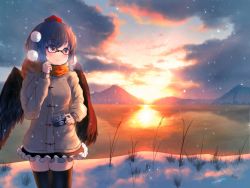 Rule 34 | 1girl, alternate costume, bad id, bad twitter id, bespectacled, black hair, black thighhighs, casual, cloud, coat, frills, glasses, hat, jpeg artifacts, landscape, long sleeves, md5 mismatch, mountain, pom pom (clothes), pyonsuke (pyon2 mfg), red-framed eyewear, red eyes, resized, scarf, shameimaru aya, short hair, skirt, sky, smile, solo, string, sunset, thighhighs, tokin hat, touhou, water, wings, winter clothes, zettai ryouiki
