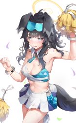 Rule 34 | 1girl, absurdres, animal ears, bare shoulders, bike shorts, black hair, black shorts, blue archive, blush, breasts, cheerleader, cleavage, dog ears, dog girl, dog tail, eyewear on head, gloves, goggles, goggles on head, halo, hibiki (blue archive), hibiki (cheer squad) (blue archive), highres, holding, holding pom poms, long hair, looking at viewer, medium breasts, megu (pixiv9460065), midriff, millennium cheerleader outfit (blue archive), open mouth, pom pom (cheerleading), pom poms, ponytail, shorts, shorts under skirt, skirt, solo, sticker on arm, sticker on face, tail, thighs, white gloves