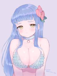 Rule 34 | 1girl, bikini, blue hair, blush, breasts, brown eyes, choker, cleavage, collarbone, commentary request, eyes visible through hair, flower, frilled bikini, frilled choker, frills, hair flower, hair ornament, hair over breasts, large breasts, long hair, looking at viewer, o-ring, o-ring bikini, o-ring top, original, shiny skin, simple background, solo, swimsuit, twitter username, upper body, ushinomiya