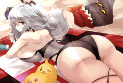 Rule 34 | 1girl, artist request, ass, azur lane, bare shoulders, beach, bikini, breast press, breasts, cross, curvy, from behind, graf zeppelin (azur lane), hair ornament, hip focus, huge ass, huge breasts, iron cross, large breasts, long hair, looking at viewer, looking back, lying, on stomach, sand, shiny skin, silver hair, solo, swimsuit, thick thighs, thigh strap, thighs, towel, wide hips