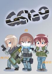 Rule 34 | 10s, 3girls, akaboshi koume, ammunition pouch, antennae, ballistic shield, black footwear, black gloves, black jacket, blitz (rainbow six siege), blue eyes, blue footwear, blue pants, blush, boots, brown hair, character name, chibi, closed mouth, commentary request, computer, dazzler (weapon), electroshock weapon, flash shield, from side, g52-tactical shield, girls und panzer, gloves, gradient background, green shirt, grey background, grey footwear, gsg 9, gun, handgun, highres, holding, hood, hoodie, iq (rainbow six siege), itsumi erika, jacket, jaeger (rainbow six siege), kshimu, less-than-lethal weapon, letter, light, long hair, long sleeves, looking at viewer, motion lines, multiple girls, nishizumi maho, open mouth, pants, pouch, rainbow six siege, riot shield, shield, shirt, short hair, silver hair, smile, sparkle, standing, striped clothes, striped shirt, stun shield, sweatdrop, tactical clothes, trigger discipline, vest, wavy hair, weapon, weapon request, white shirt