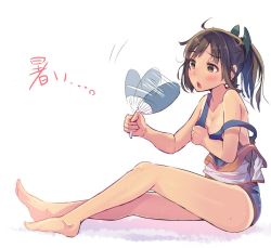 Rule 34 | 10s, 1girl, bad id, bad twitter id, bare legs, bare shoulders, barefoot, blush, brown eyes, brown hair, daito, hand fan, fanning face, fanning self, hot, i-401 (kancolle), jpeg artifacts, kantai collection, legs, off shoulder, open mouth, paper fan, school swimsuit, short hair, sitting, solo, strap slip, sweat, swimsuit, swimsuit under clothes, uchiwa