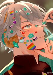 Rule 34 | 2boys, absurdres, ahoge, akasha terminal, alhaitham (genshin impact), arabian clothes, closed mouth, commentary, demisexual flag, english commentary, genshin impact, green eyes, grey hair, highres, jewelry, kaveh (genshin impact), lgbt pride, male focus, multiple boys, parted bangs, short hair, smile, solo focus, sticker, twitter username, upper body, zafiinui