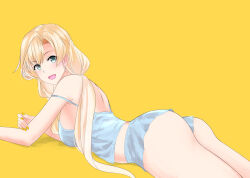 Rule 34 | 1girl, abukuma (kancolle), alternate costume, ass, blonde hair, blue camisole, blue shorts, camisole, grey eyes, kantai collection, leotard, long hair, looking at viewer, looking back, low twintails, lying, official alternate hairstyle, on stomach, open mouth, shorts, smile, solo, strapless, strapless leotard, takase asagiri, twintails, yellow background