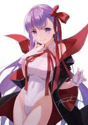 Rule 34 | 1girl, bb (fate), bb (fate) (all), bb (swimsuit mooncancer) (fate), bb (swimsuit mooncancer) (third ascension) (fate), black coat, breasts, coat, collared leotard, commentary request, fate/grand order, fate (series), fomnant, gloves, highleg, highleg leotard, highres, large breasts, leotard, long hair, looking at viewer, popped collar, purple eyes, purple hair, red ribbon, ribbon, signature, simple background, smile, solo, very long hair, white background, white gloves, white leotard