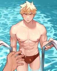 Rule 34 | 2boys, abs, bakugou katsuki, bara, blonde hair, boku no hero academia, bulge, clenched teeth, donnaoneone, highres, large pectorals, male focus, male swimwear, multiple boys, muscular, muscular male, navel, nipples, pectorals, pool, red eyes, red male swimwear, red swim briefs, solo focus, spiked hair, swim briefs, swimsuit, teeth, topless, topless male, water, wet