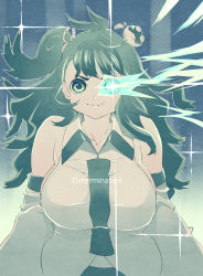Rule 34 | 1girl, 3:, antenna hair, bare shoulders, breasts, closed mouth, collarbone, collared shirt, detached sleeves, facing viewer, frog hair ornament, glowing, glowing eye, green eyes, green hair, hair ornament, hair tie, highres, kochiya sanae, large breasts, long hair, long sleeves, looking at viewer, nontraditional miko, one side up, shirt, sideboob, sleeveless, sleeveless shirt, solo, text focus, touhou, tsuutenkaaku, v-shaped eyebrows, white shirt, wide sleeves