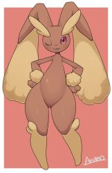 Rule 34 | 1girl, :3, artist name, blush, border, brown fur, contrapposto, creatures (company), full body, furry, game freak, gen 4 pokemon, groin, hands on own hips, highres, legs apart, lopunny, mofumofumachine, nintendo, one eye closed, outside border, parted lips, pink background, pink eyes, pokemon, red background, red eyes, smile, solo, standing, white border, wide hips, wink